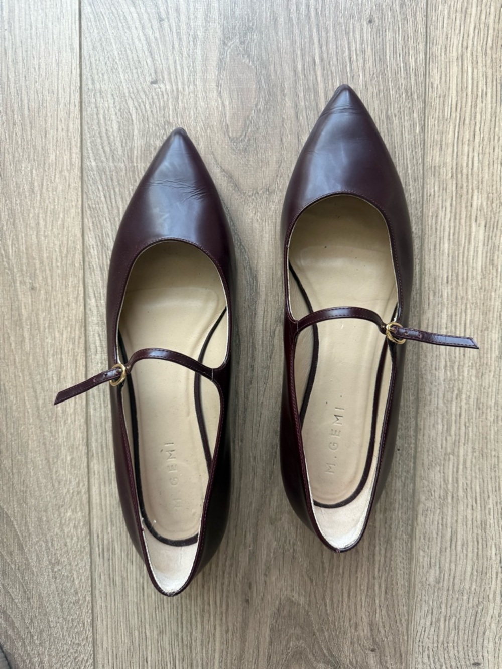 M. Gemi Burgundy Pointed Mary Jane Flats with Gold Buckle